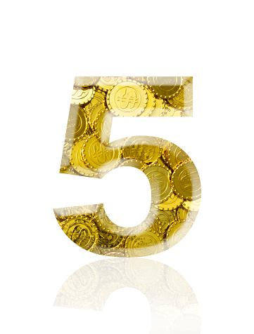 Close-up of three-dimensional Dollar sign gold coins number 5 on white background.