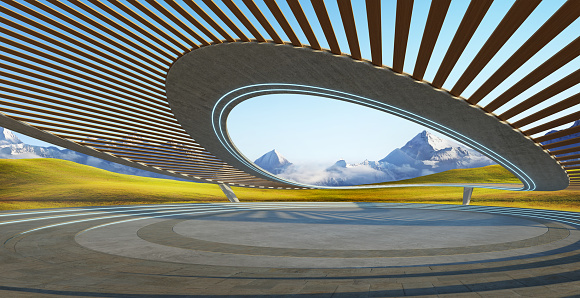 Curved floor with mountains leading the viewers eye towards the towering peaks that dominate the horizon. 3D rendering