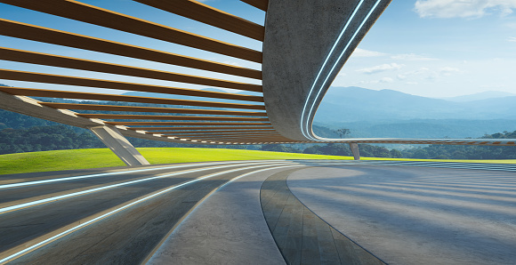 Curved floor with mountains leading the viewers eye towards the towering peaks that dominate the horizon. 3D rendering