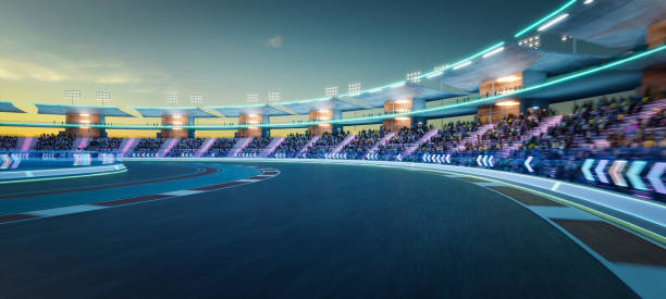 istock 3D Illuminated race track stadium at dusk 2128962608