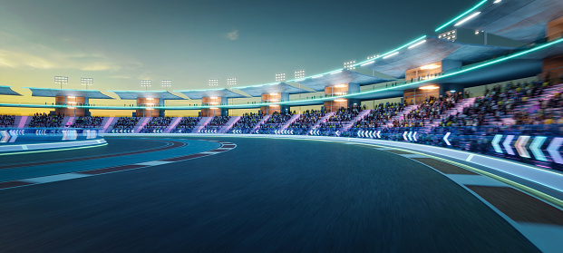 Panoramic view of a modern race track and stadium under evening lights with audience. 3D render