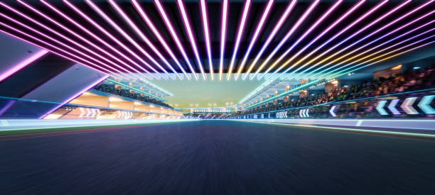 istock 3D Futuristic racetrack with led lights at twilight 2128962609