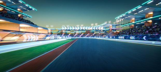 Motion blur of a modern racing track with bright lights and cheering spectators. 3D render