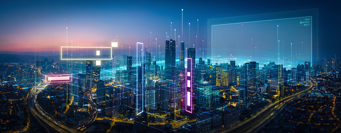 Futuristic smart city skyline at twilight with digital overlays and skyscrapers. 3D rendering