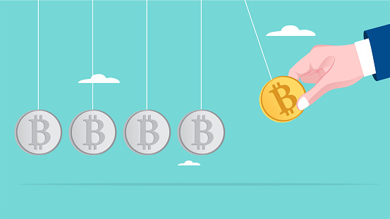 Invest in Bitcoin cryptocurrency to get more returns or income, businessman hand pulls Bitcoin cryptocurrency coins as a pendulum to get a greater return or income concept vector illustration