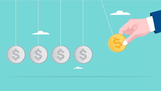 business capital or investment to get more returns or income, businessman hand pulls dollar coins as a pendulum to get a greater return or income concept vector illustration