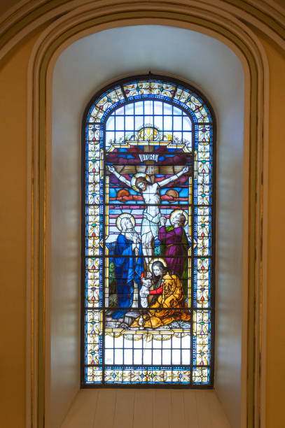 Dreux, france, may 15, 2024 : stained glasses  inThe Royal Chapel of Dreux, built in 19th century,   the traditional gothic burial place of members of the House of Orleans.