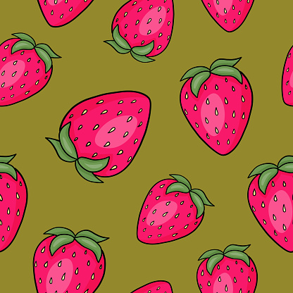 A vibrant seamless pattern featuring strawberries on a lush green background. The red and pink fruits pop against the natural greenery, creating a visually stunning and artistic design