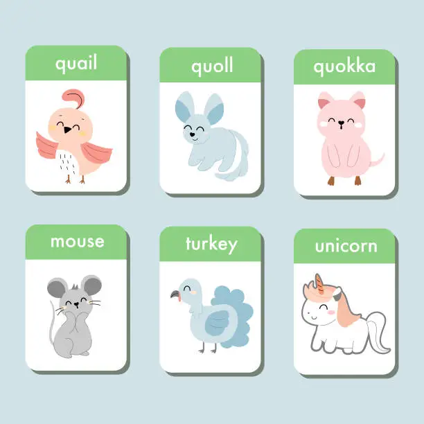 Vector illustration of Animals flashcards collection for kids. Flash cards set with cute characters for practicing reading skills. Quail, quoll, quokka, mouse, turkey and unicorn. Vector illustration.