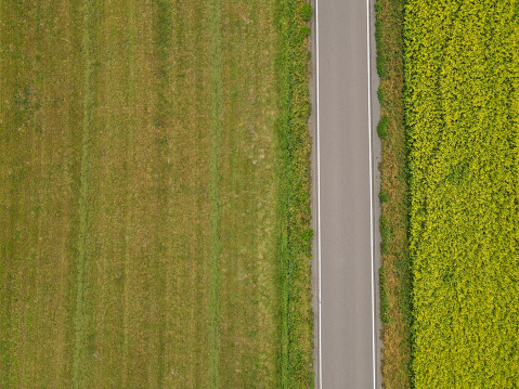 Aerial view of a rural asphalt road between grass fields in the countryside