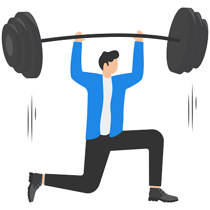 Businessman lifting a heavy barbell, The concept of a successful business and revenue growth.