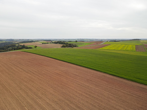 View from above of country fields in the countryside
