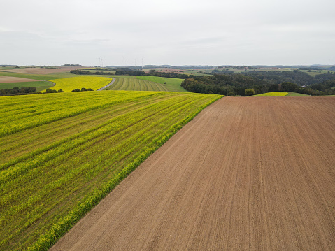 Aerial view of a countryside with farm fields and trees in autumn