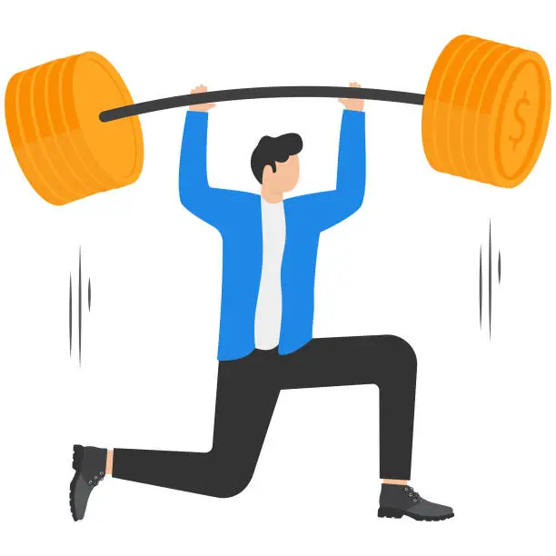 Vector illustration of Happy Businessman Lifting Up Barbell with Dollar Sign. Vector cartoon illustration.