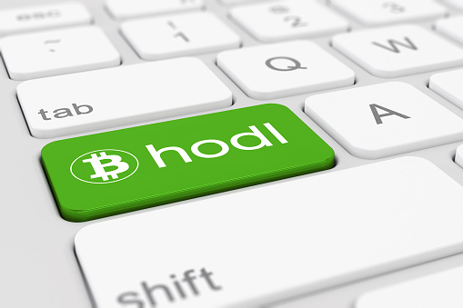 3d render of a white keyboard of a computer with a green key and the bitcoin logo as well as the text hodl - business concept.