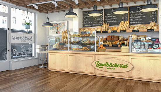 3d rendering of a bakery store with a selection of fresh baked goods, cakes and pastries