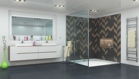 3d render of a modern bathroom with a large shower stall, two sinks and a large mirror.