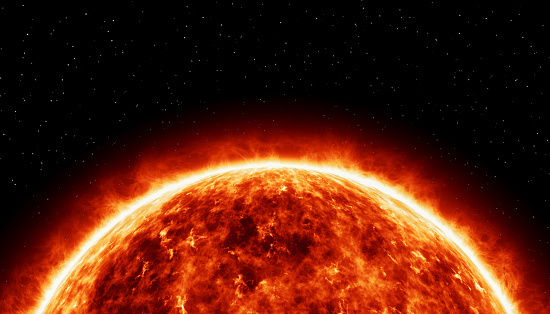 3d render of solar atmosphere with plasma movement against the background of black space with stars. close-up - solar atmosphere - space - atmosphere