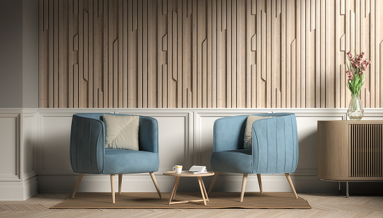 3d rendering of a Scandinavian living room with two chairs and a table. - Mock-up - Placeholder