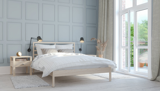 3d render of a scandinavian, nordic bedroom with bed - holiday apartment
