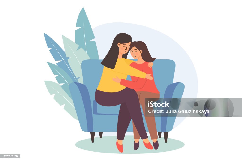 Women Sitting On Couch Together Support Each Other Mother Consoles Her ...