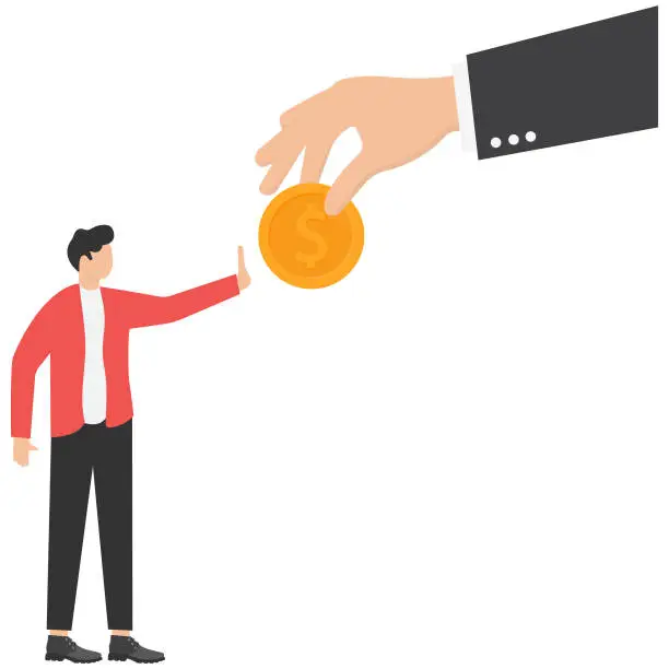 Vector illustration of Refusal of illegal money, Stop corruption. Vector illustration, flat design. Bribery concept. Offering a bribe. Refusing a gesture. Reject hand gestures.