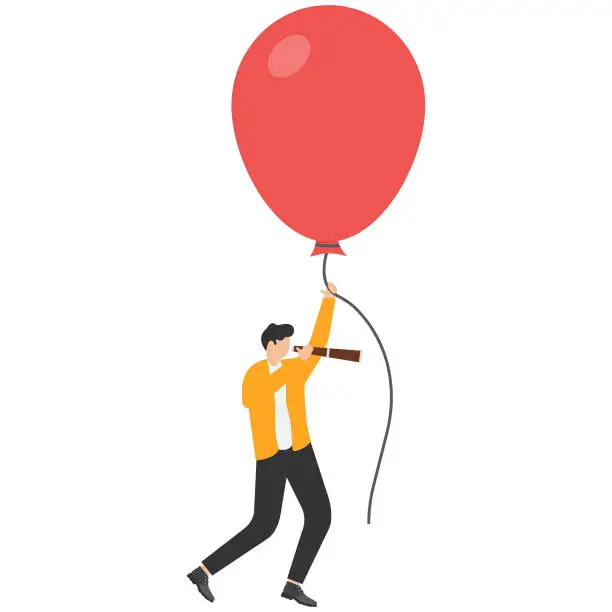 Vector illustration of A balloon pulls businessmen to search in mid air. businessmen with balloons use telescope, vector illustrations.