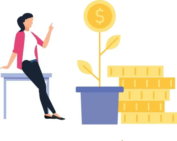 Vector illustration of The girl is looking at the dollar plant.