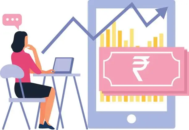 Vector illustration of The girl is looking at the currency rate.