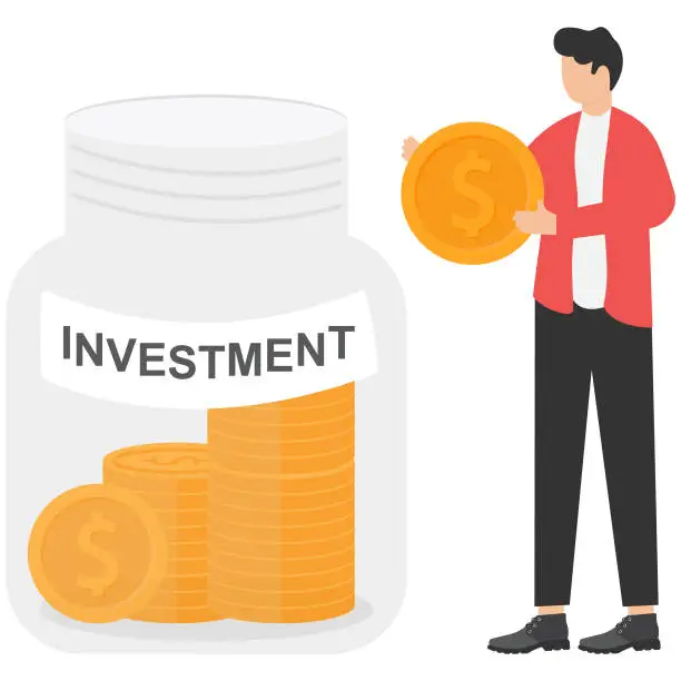 Vector illustration of Men holding coin and glass jar bottles full of coins and banknotes labeled as investment as savings or investment concept.