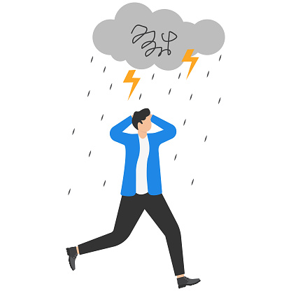 Frustrated businessman, businessmen walking under rain and lightning.