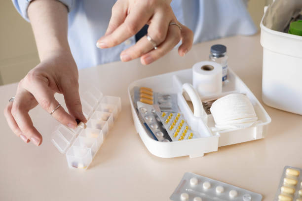 istock Female hands blister pills pack first kit aid storage organization. Vitamin, painkiller, cure supply 2129234621