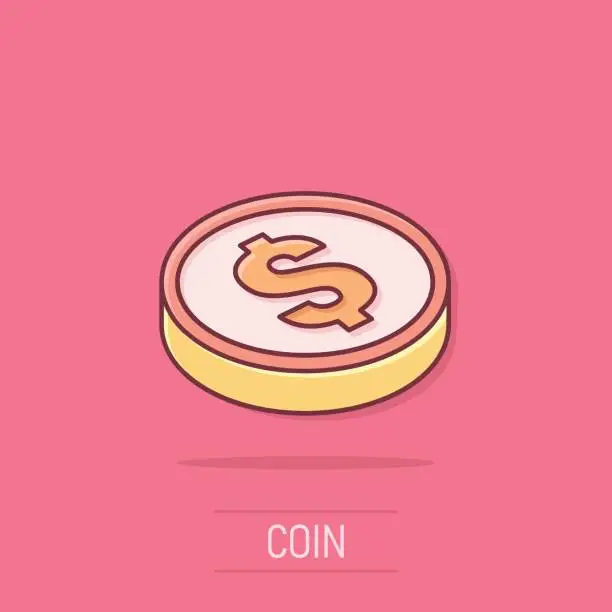 Vector illustration of Coins icon in comic style. Dollar coin cartoon vector illustration on isolated background. Money stacked splash effect business concept.