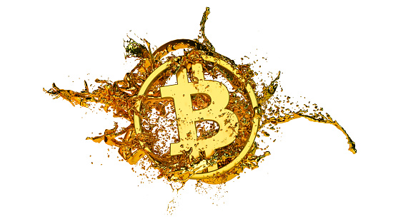 3d render of the bitcoin logo in gold and golden paint splashes over white background