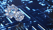 Working, solution, teamwork, progress concept. Gears 3d icon on abstract digital background.