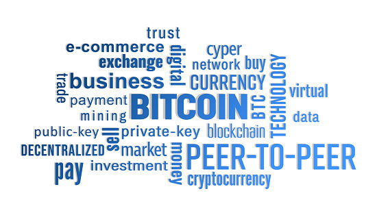 Illustration of a keyword cloud with blue text over white background - bitcoin - digital cryptocurrency - btc