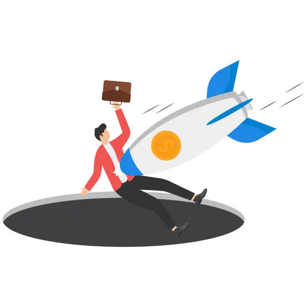 Vector illustration of Fail entrepreneur and startup failure. Risk bankruptcy and accident with business space rocket vector illustration concept. Company idea background and project start. Man launch.
