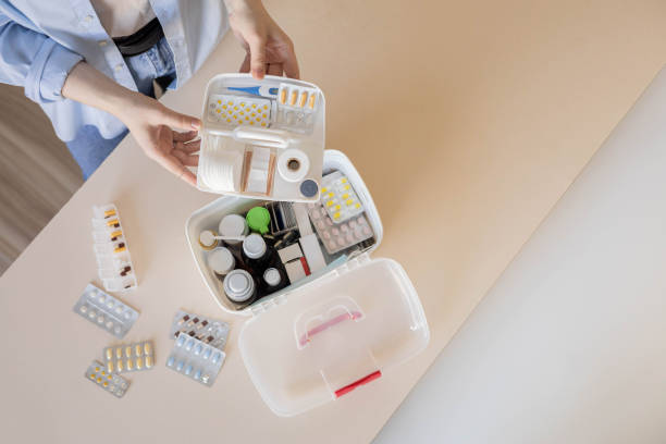 istock Closeup female hand placing medicament domestic first aid kit. Storage organization emergency supply 2129245146