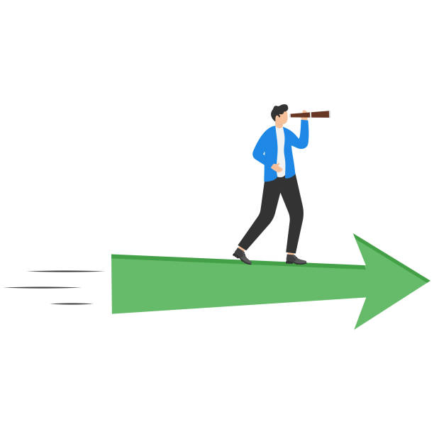 istock Businessman stands on flying green arrow Searching for opportunities. 2129246828