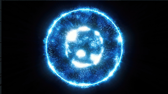 Blue energy magic sphere round hi-tech light digital ball space planet star made of futuristic light rays lines and energy particles. Abstract background.
