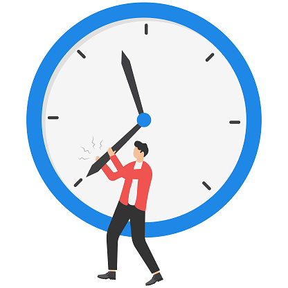 a businessman is trying to stop time. Deadline and time management concept. Modern flat vector illustration.
