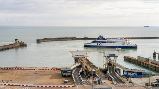 Dover, Kent, England, UK - March 19, 2023: View of a ferry arriving in the Port of Dover
