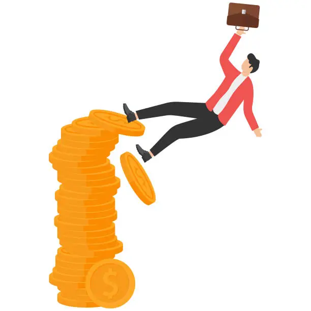 Vector illustration of Businessman falls from a stack of coins. Financial crisis. Decrease in capital. Falling income. Vector illustration flat design. Isolated on white background. Business concept.