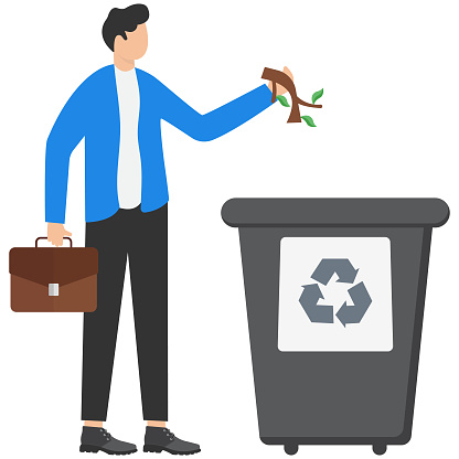 The employee is engaged in the processing of garbage. Vector creative illustration of the protection of the environment. The man is throwing compost in a dumpster