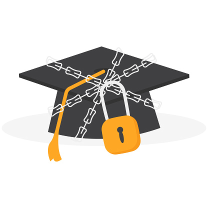 Education inequity, expensive cost to get high knowledge or academics, opportunity to study in college or university based on financial status concept. Graduation cap is chained and padlocked.