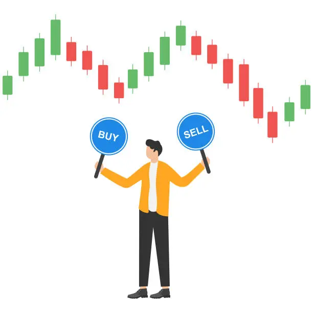 Vector illustration of Time decision to invest in stock market, opportunity to buy or sell in cryptocurrency trading, foreign exchange concept. businessman holding buy sign and sell sign while looking at candlestick charts.