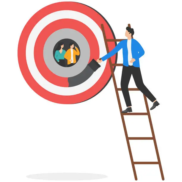 Vector illustration of Retargeting, marketing strategy to bring visitors of your products back as customers, online ads platforms to increase sales and customer loyalty concept. Businessman painting over original target.