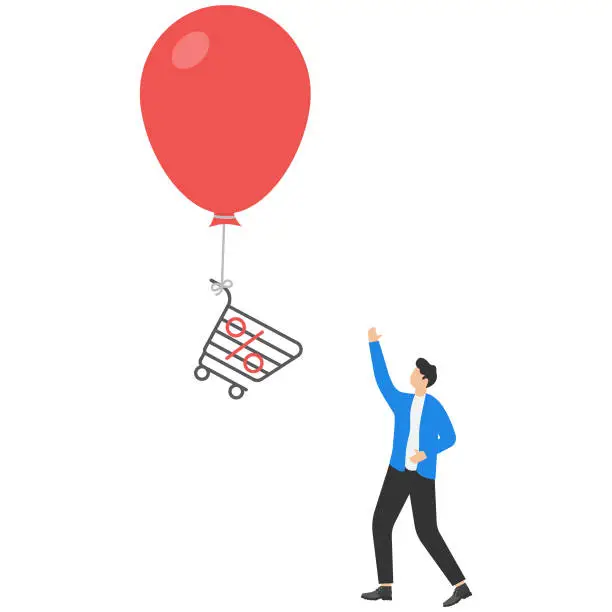 Vector illustration of Inflation affects purchasing power, prices of products unusually rise up concept. Businessman consumer trying to catch shopping carts that are flying into the sky by inflation balloon.