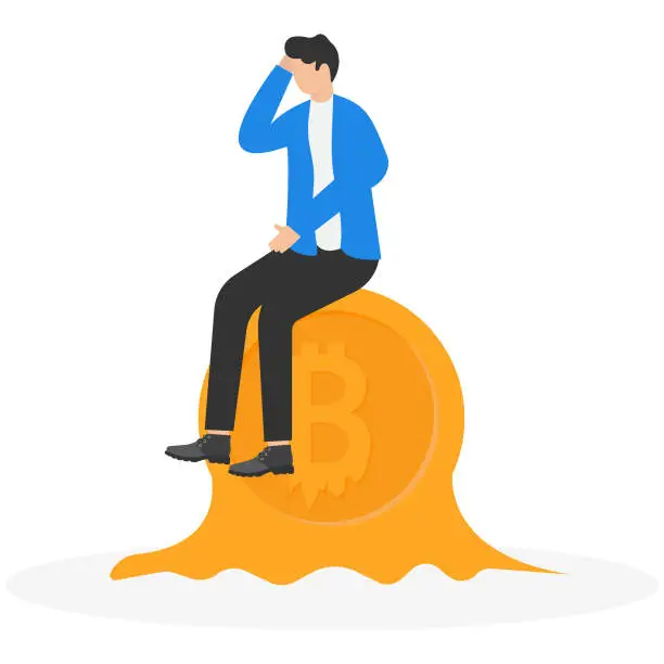 Vector illustration of Bitcoin or cryptocurrency price falling down, wrong speculation in digital assets cause investors to lose money, fluctuation and uncertainty concept. Depressed businessman sitting on melting bitcoin.