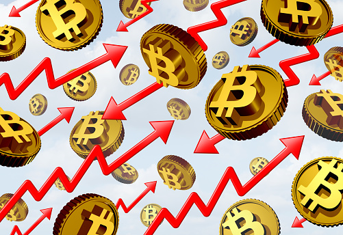 Bitcoin Price Volatility and Cryptocurrency or crypto and Price Volatility or value fluctuation as Market dynamics and trading speculation as a business concept as arrows going up and down.